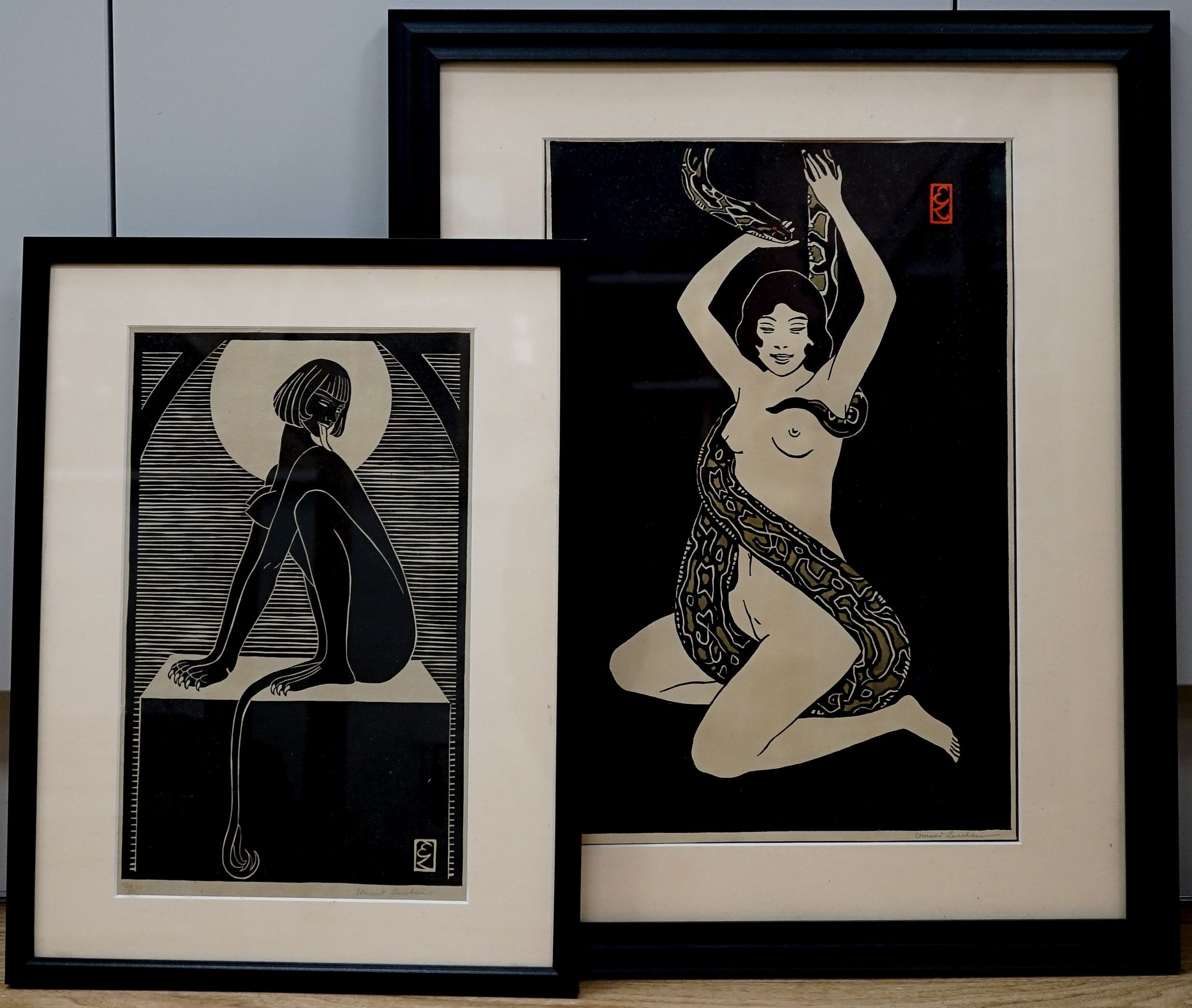 Edmund Lucchesi (1871-1964), two wood engravings, Snake Dancer and Sphynx, signed in pencil and numbered 18/1 and 7/1, 40 x 27cm and 32 x 20cm